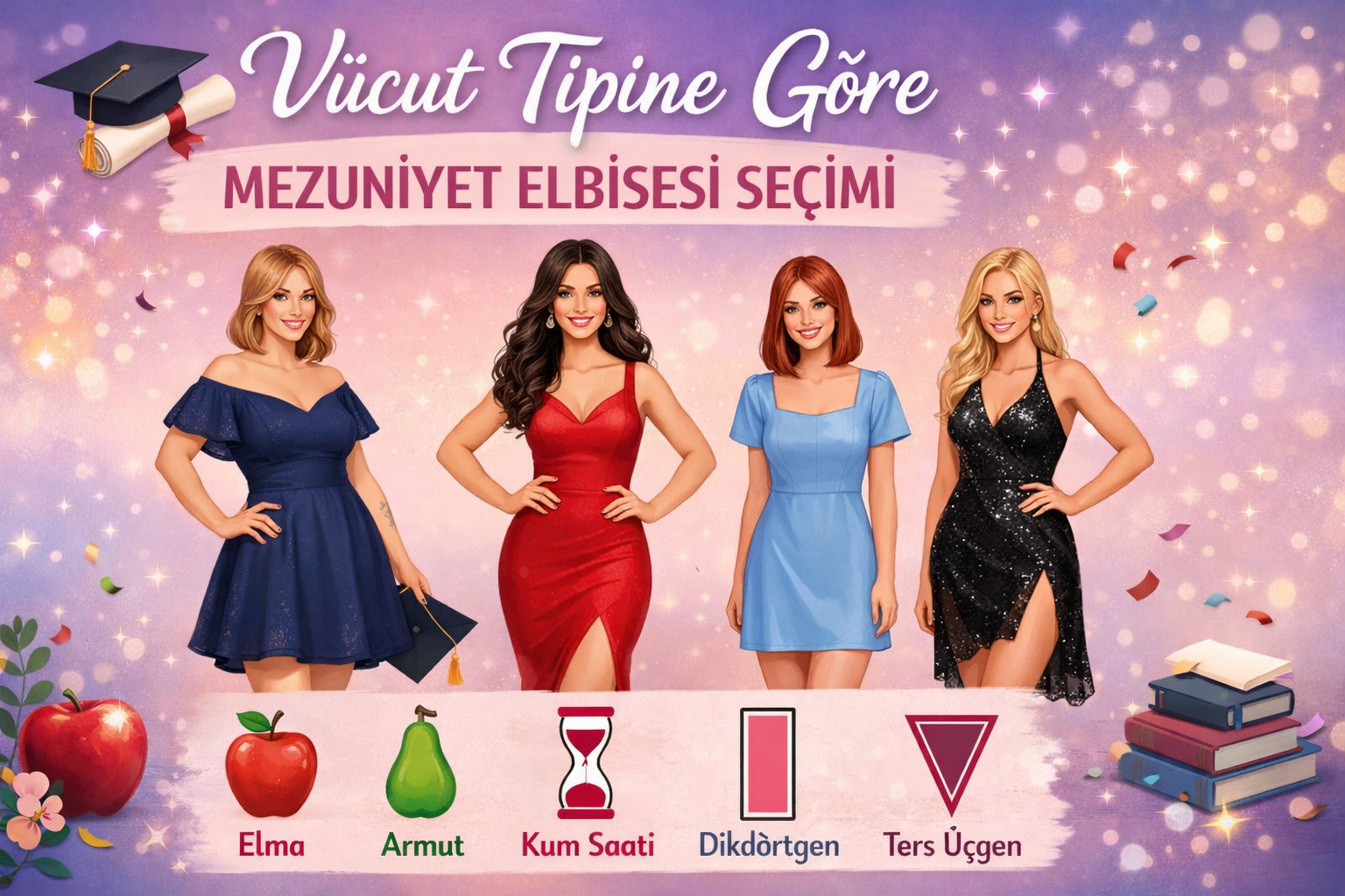 Vücut Tipine Göre Mezuniyet Elbisesi Seçimi nasıl yapılır? A-tipi, armut ve kum saati için stil önerileri.